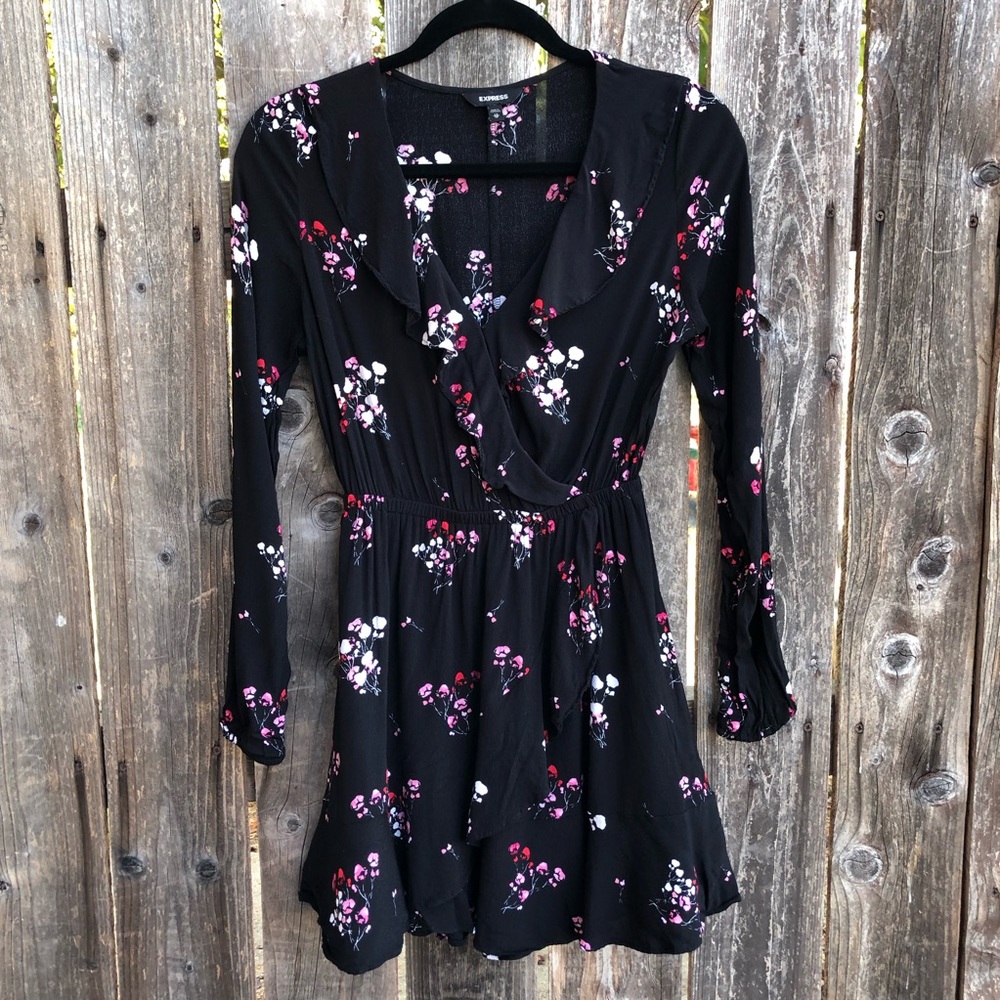 Express pink and black floral wrap dress